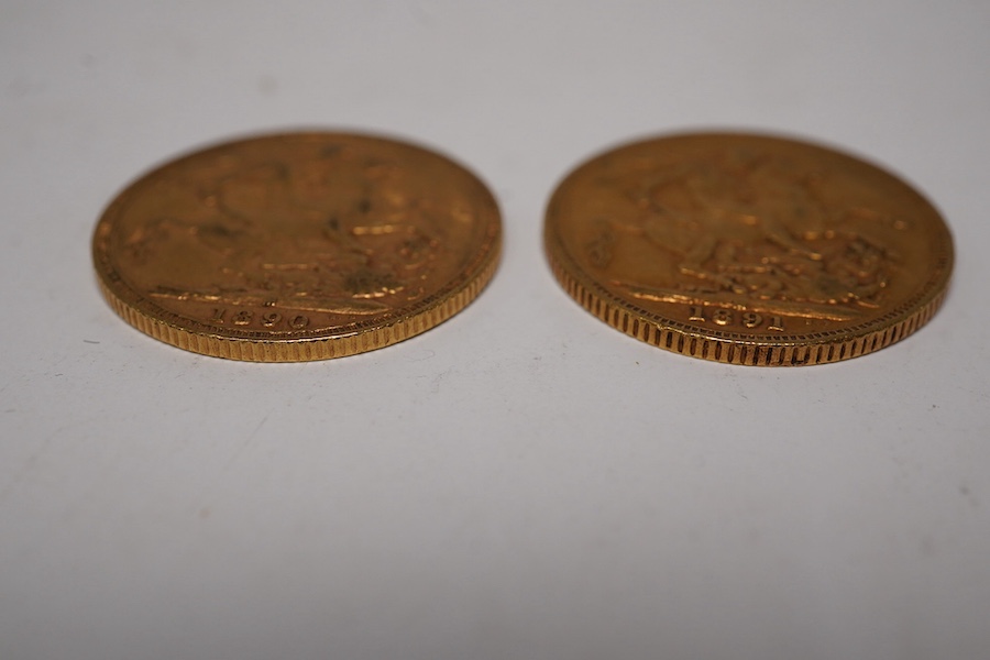 Australia gold coins, Victoria, two gold sovereigns, jubilee head, 1890M, VF and 1891M, fine or better